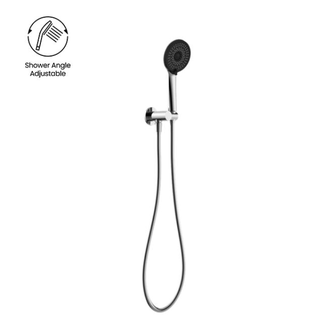 Nero Project round hand shower on bracket in chrome with hose, wall mounted on white background