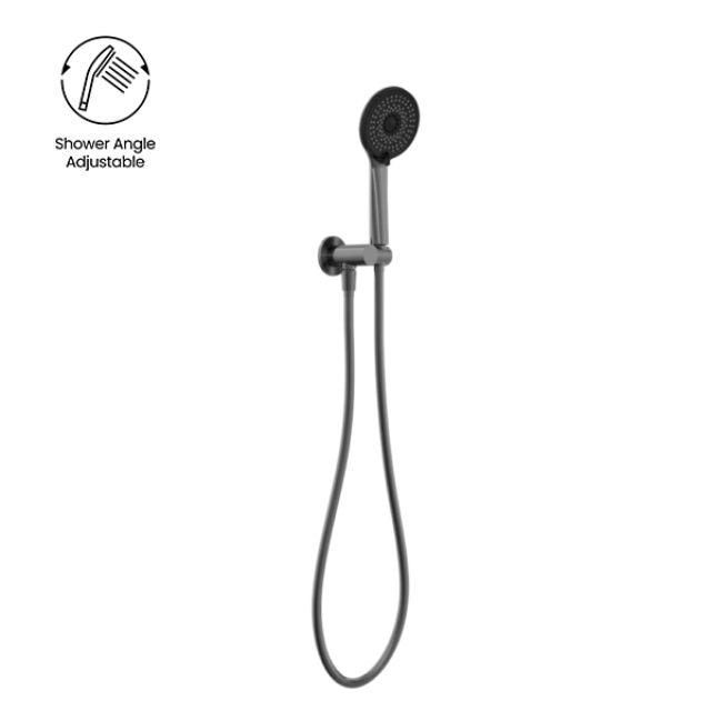 Nero Project round gun metal hand shower on wall bracket with hose, adjustable angle, front view