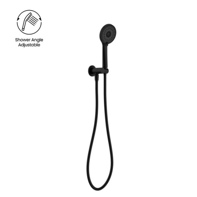 Nero Project round hand shower on bracket in matte black, with hose and adjustable shower angle on white background