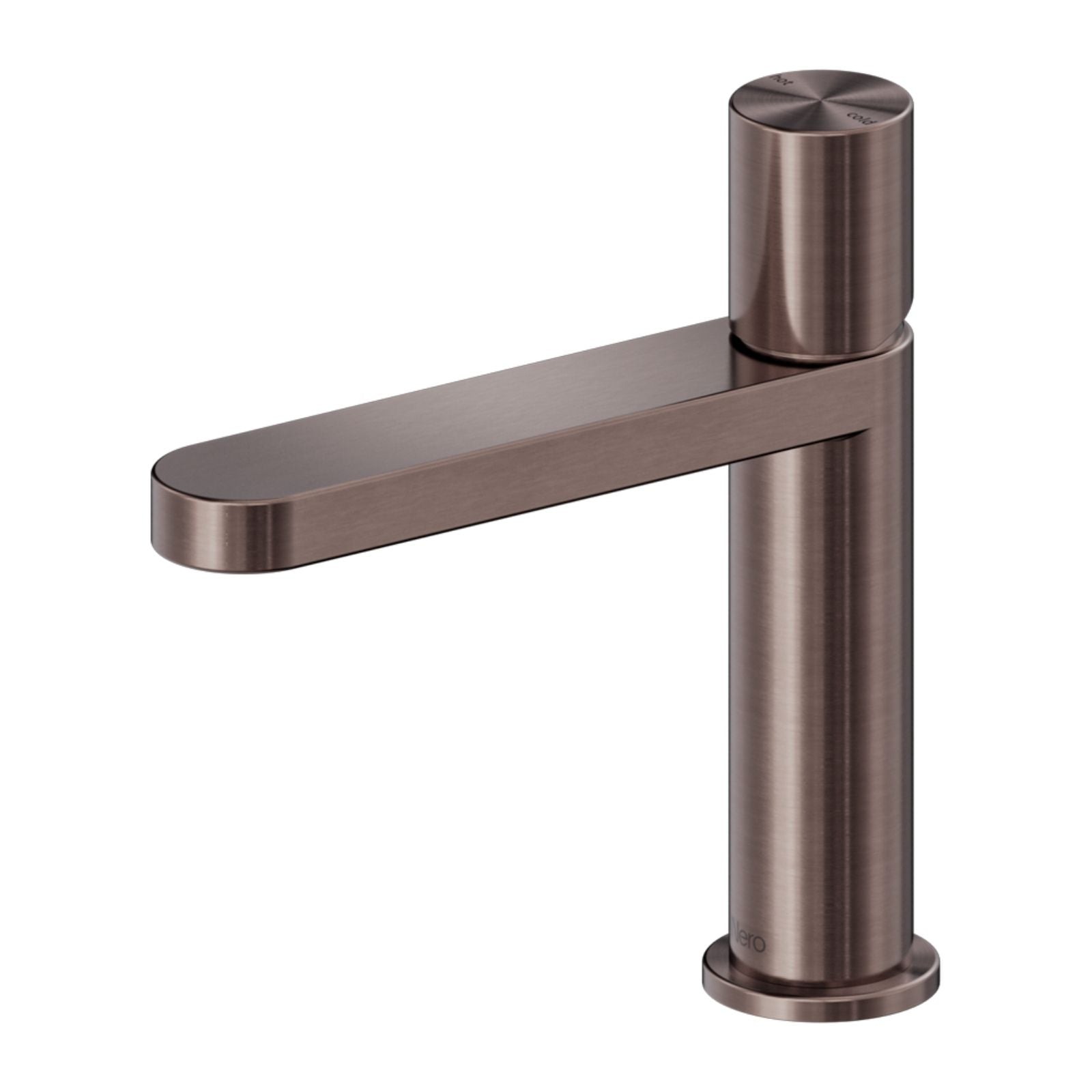 Nero Pure basin mixer tap in brushed bronze, slim cylindrical design on white background