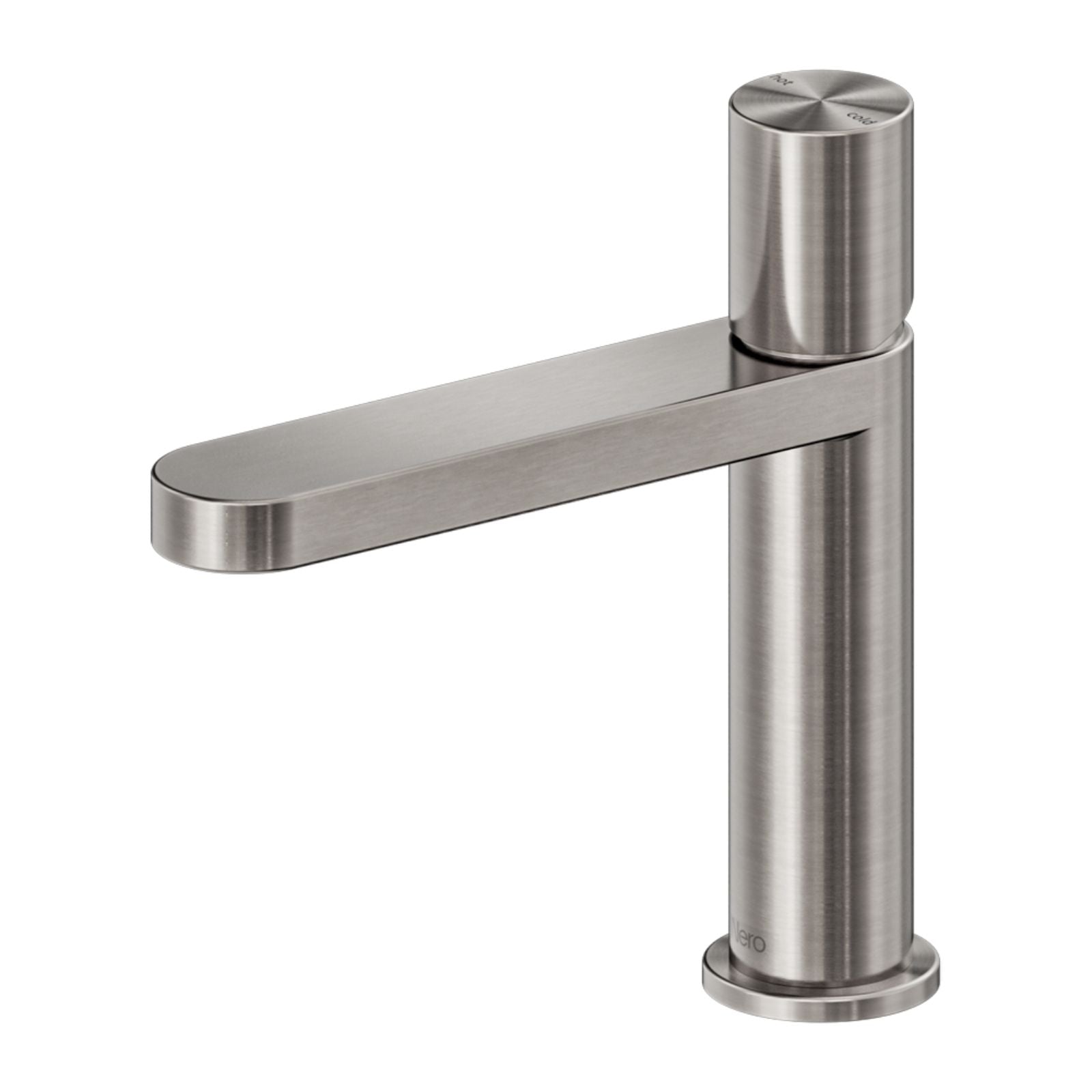 Nero Pure basin mixer in brushed nickel, modern cylindrical tap with flat spout on white background