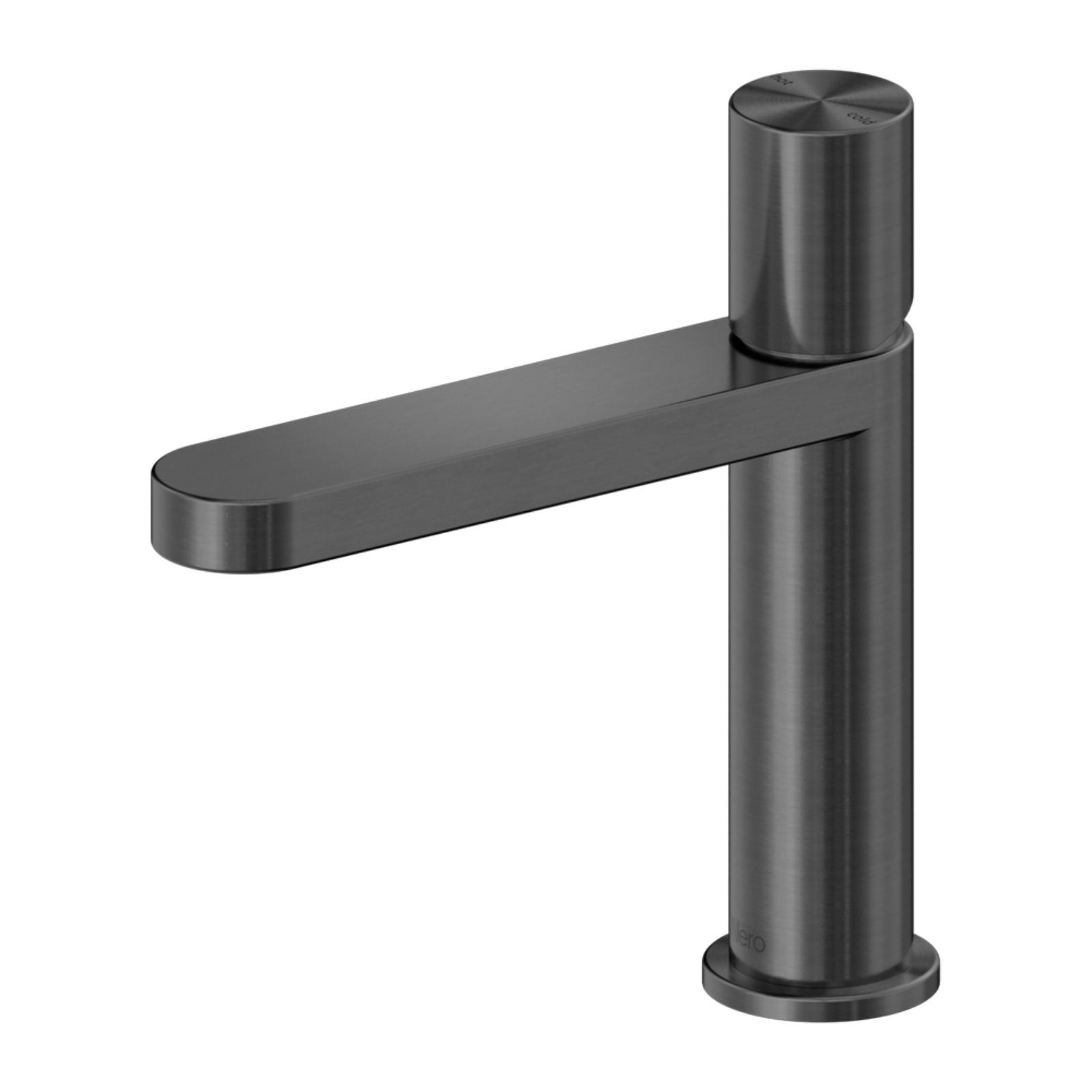 Nero Pure SS316L basin mixer in graphite, modern cylindrical tap with flat spout on white background
