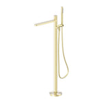 Nero Pure freestanding bath mixer in brushed gold, floor-mounted tap with round base, swivel spout and hand shower