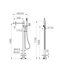 Technical drawing of Nero Pure SS316L freestanding bath mixer with hand shower, showing floor-mounted dimensions in brushed gold finish