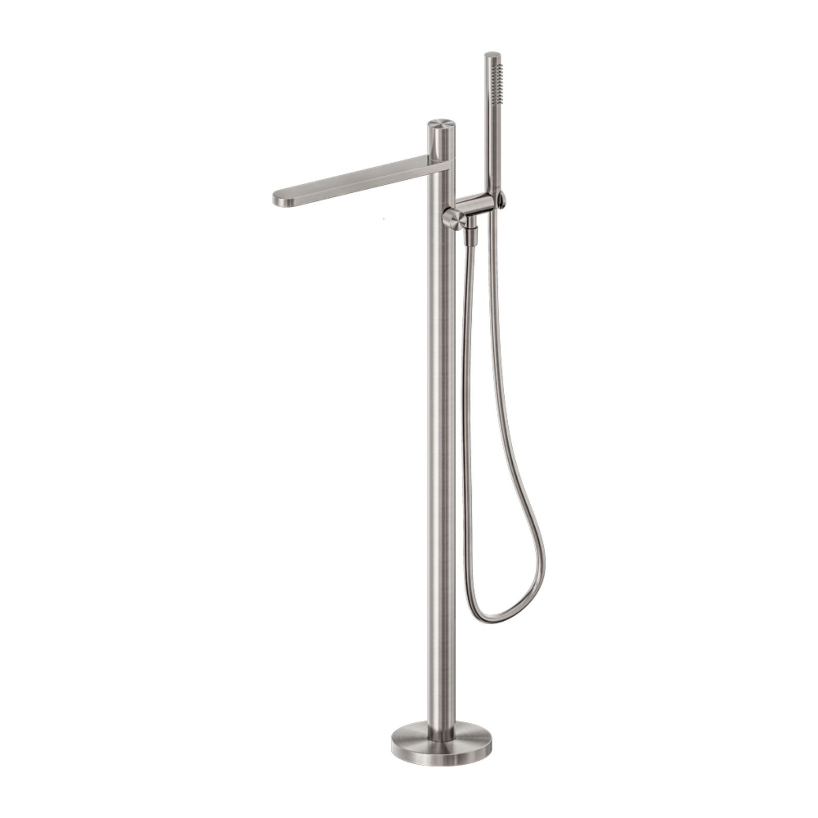 Nero Pure freestanding bath mixer in brushed nickel, floor-mounted with hand shower and curved spout