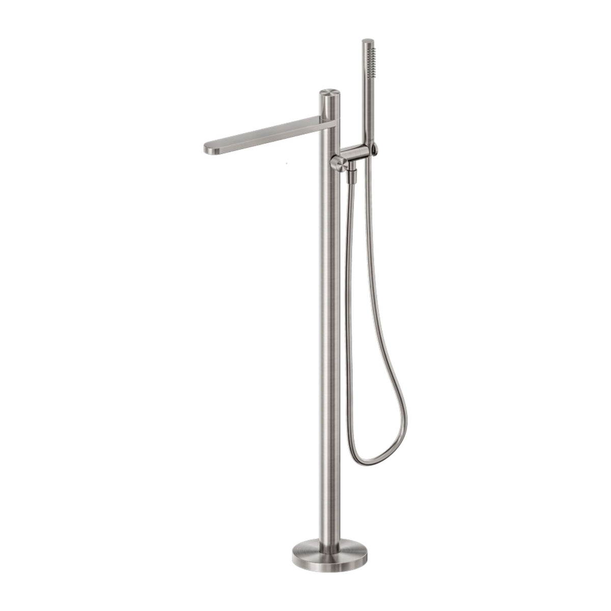 Nero Pure freestanding bath mixer in brushed nickel, floor-mounted with hand shower and curved spout