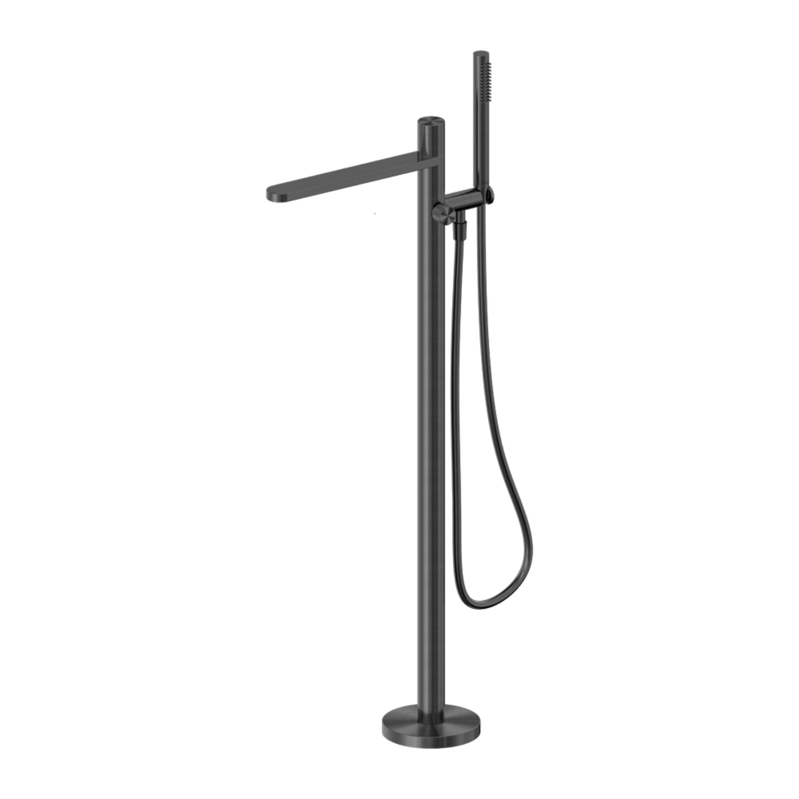 Nero Pure freestanding bath mixer in graphite, floor-mounted with hand shower and slim spout on round base