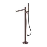 Nero Pure freestanding bath mixer with handheld shower hose, brushed bronze, floor-mounted tap on white background