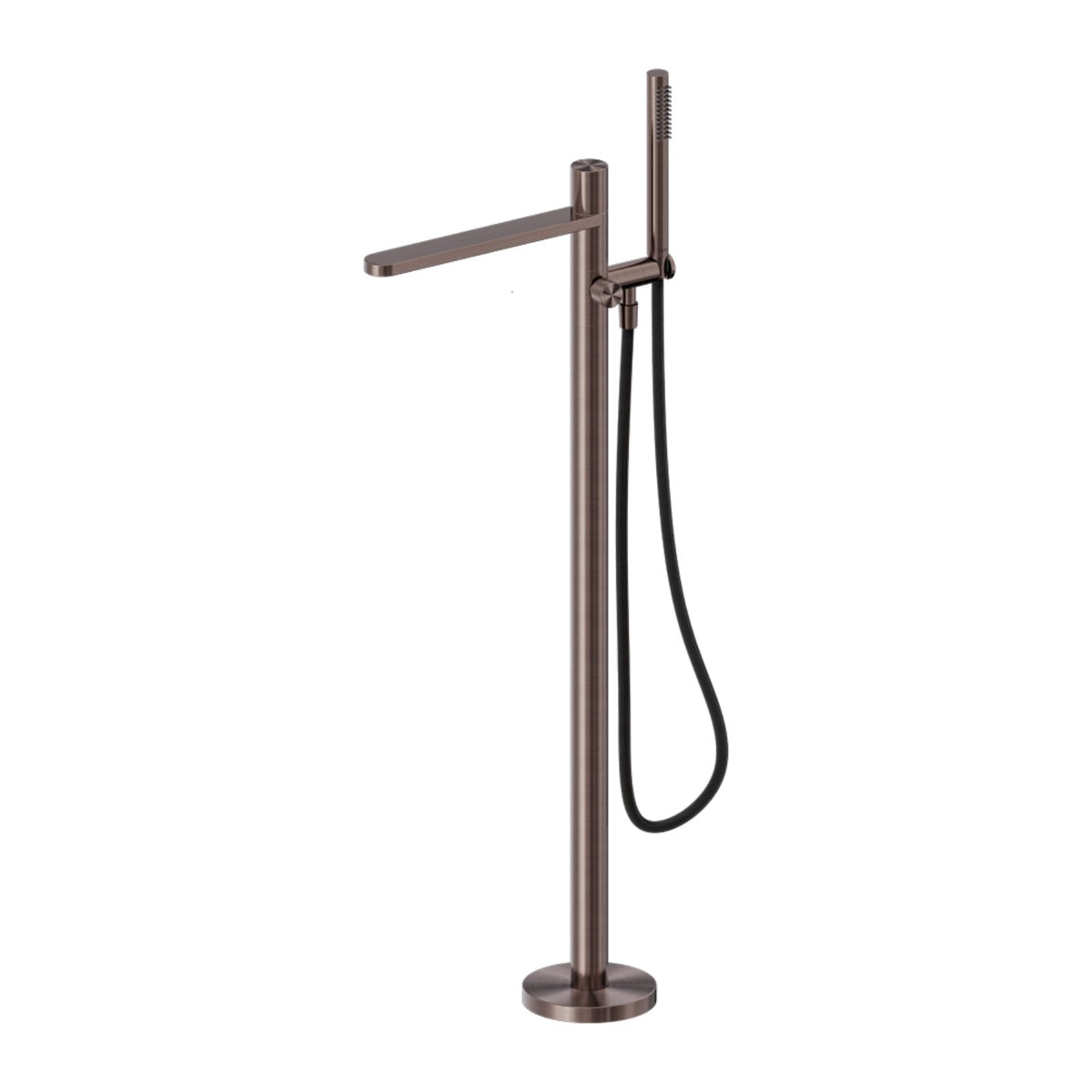 Nero Pure freestanding bath mixer with handheld shower hose, brushed bronze, floor-mounted tap on white background