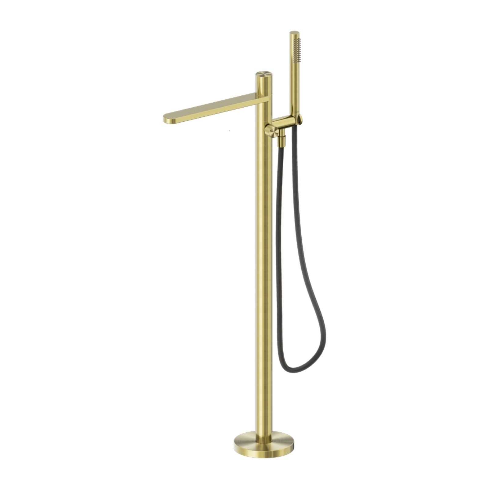 Nero Pure floor-mounted bath mixer and shower hose in brushed gold, with round base and handheld spray