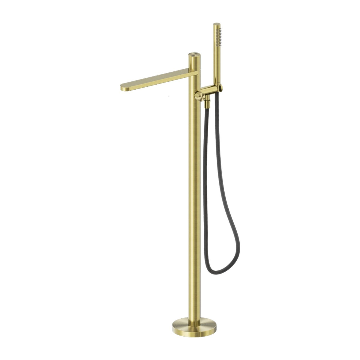Nero Pure floor-mounted bath mixer and shower hose in brushed gold, with round base and handheld spray