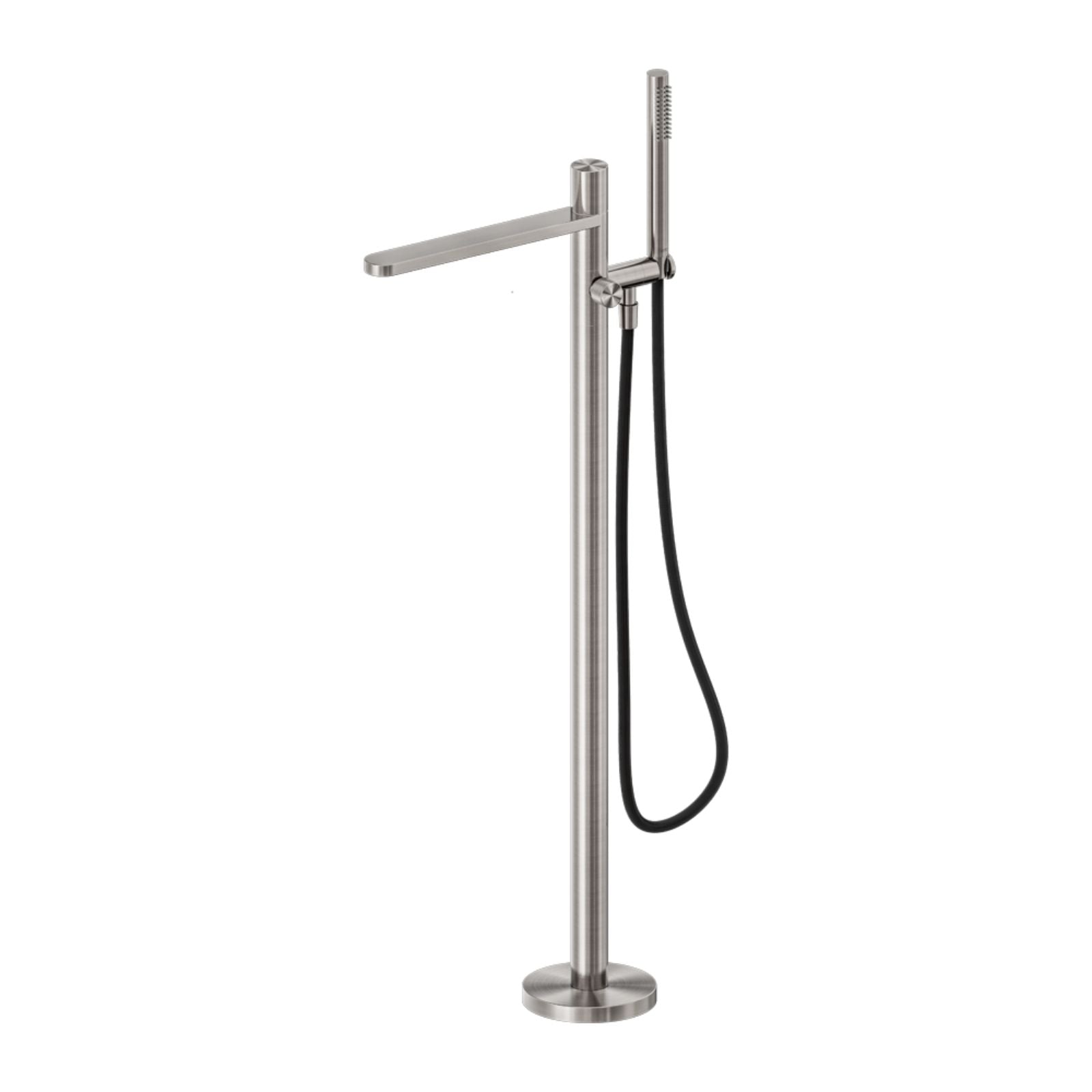 Nero Pure freestanding bath mixer in brushed nickel, with shower hose and floor-mounted round base