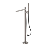 Nero Pure freestanding bath mixer in brushed nickel, with shower hose and floor-mounted round base