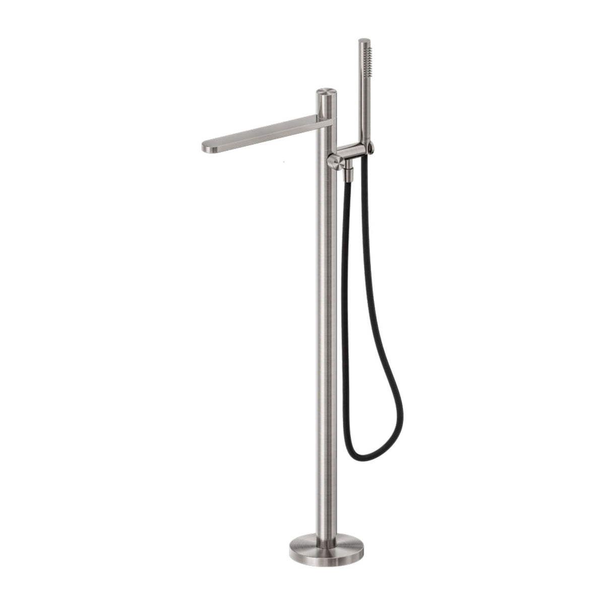 Nero Pure freestanding bath mixer in brushed nickel, with shower hose and floor-mounted round base