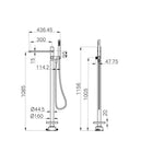 Technical drawing of Nero Pure freestanding bath mixer with hand shower hose, showing dimensions and side views in brushed nickel.