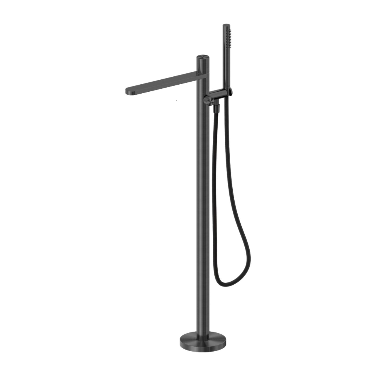 Nero Pure floor-mounted bath mixer in graphite with freestanding spout and hand shower hose, side view on white background