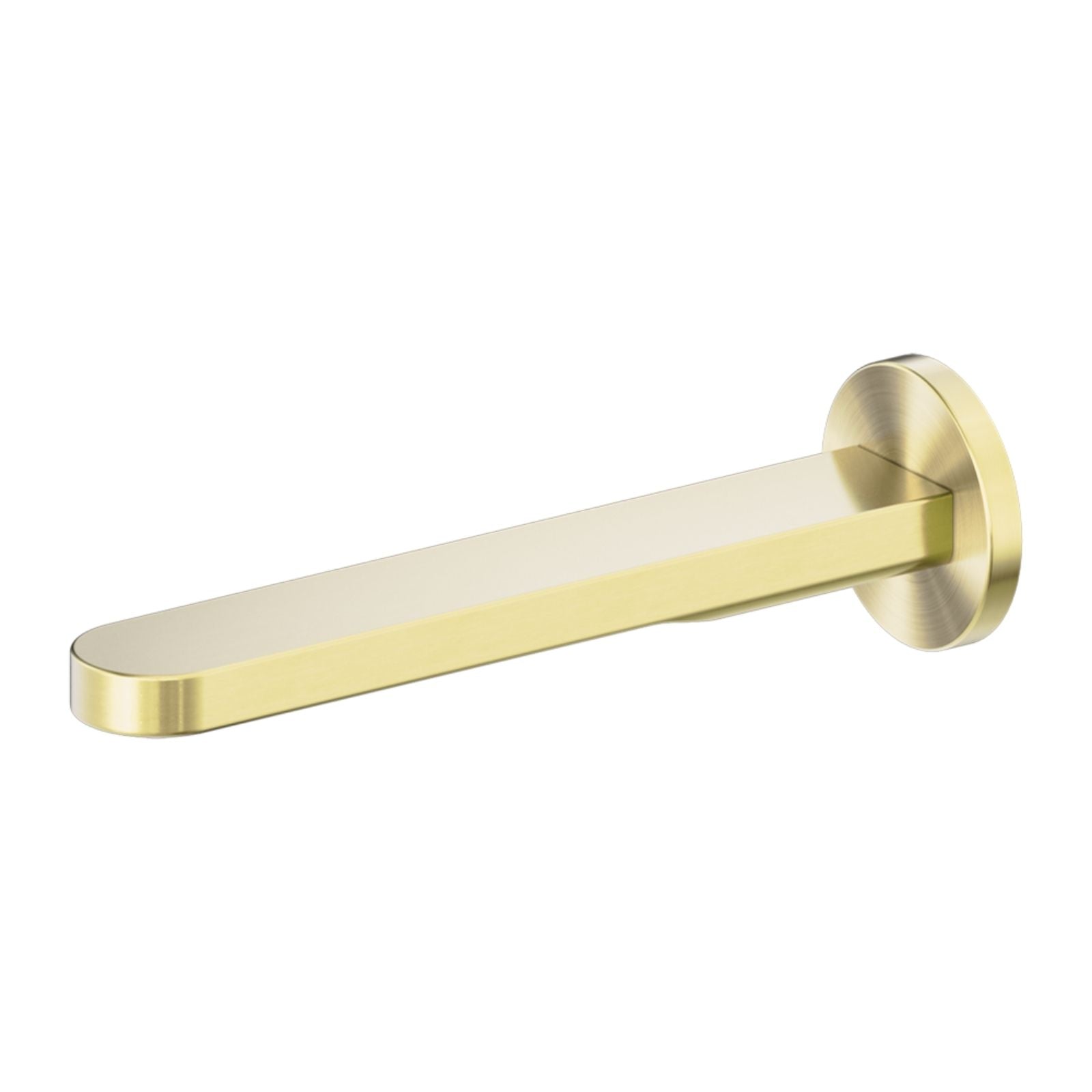 Nero Pure round bath spout in brushed gold, wall-mounted tap with circular plate and slim curved outlet