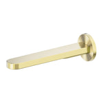 Nero Pure round bath spout in brushed gold, wall-mounted tap with circular plate and slim curved outlet