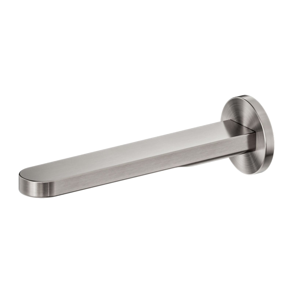 Nero Pure round bath spout in brushed nickel, wall-mounted with square body and round backplate