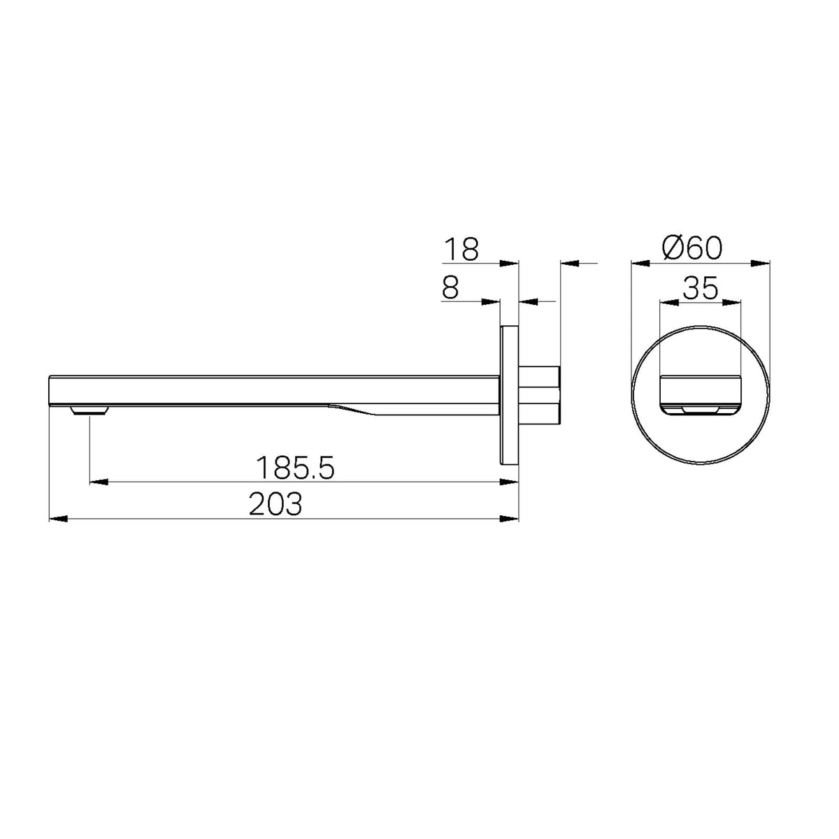 Nero Pure round bath spout technical drawing in graphite, side view with dimensions and Ø60mm wall plate