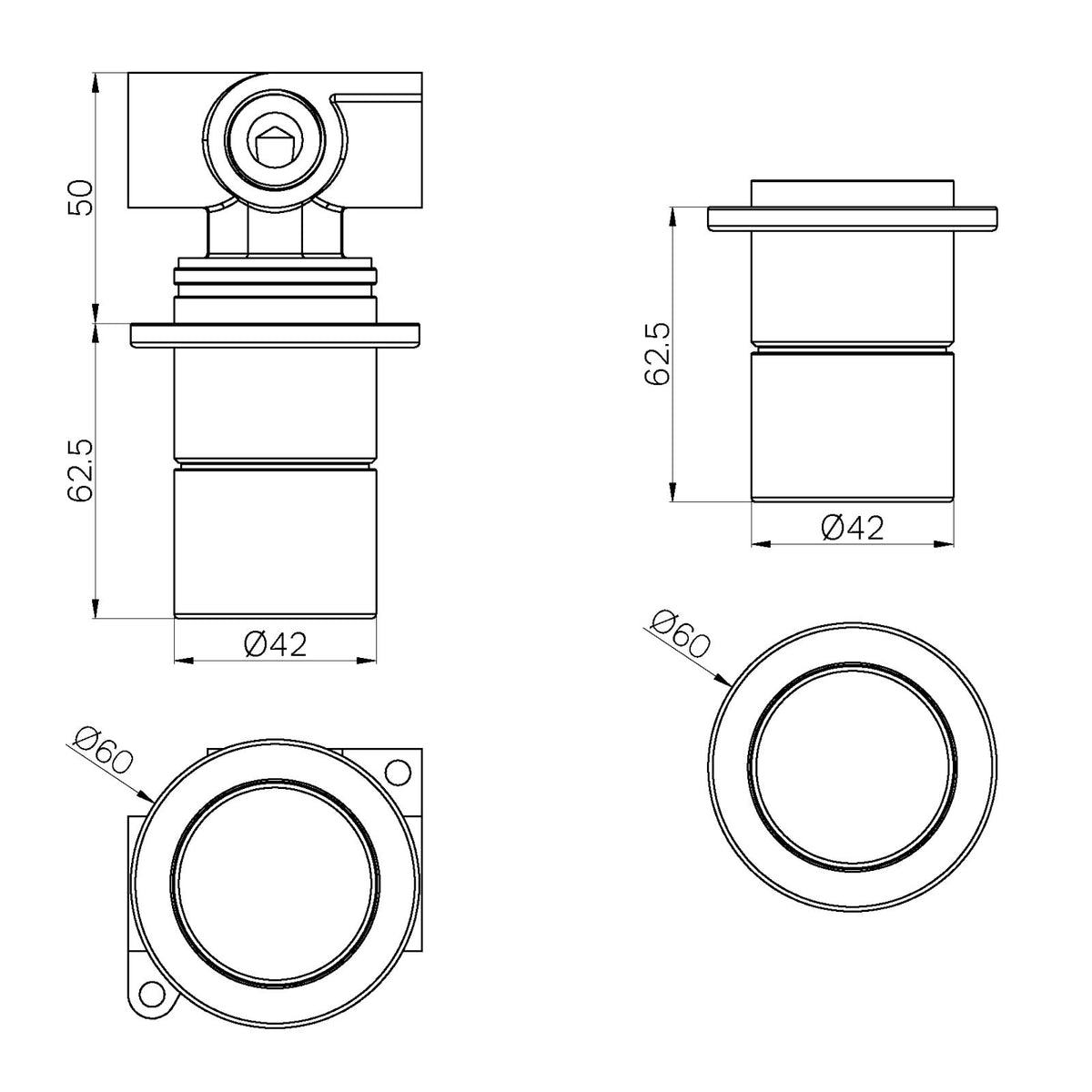 Technical drawing of Nero Pure shower mixer whole set, showing round Ø60 plate, Ø42 handle and 62.5mm depth in brushed bronze inline details