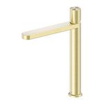 Nero Pure tall basin mixer in brushed gold, with round cylindrical body and flat spout, front view on white background