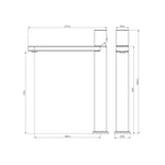 Technical drawing of Nero Pure SS316L tall basin mixer in brushed gold, showing side and front views with dimensions and measurements.