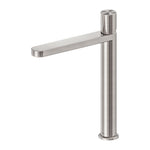Nero Pure SS316L tall basin mixer in brushed nickel, with cylindrical body and slim spout on white background