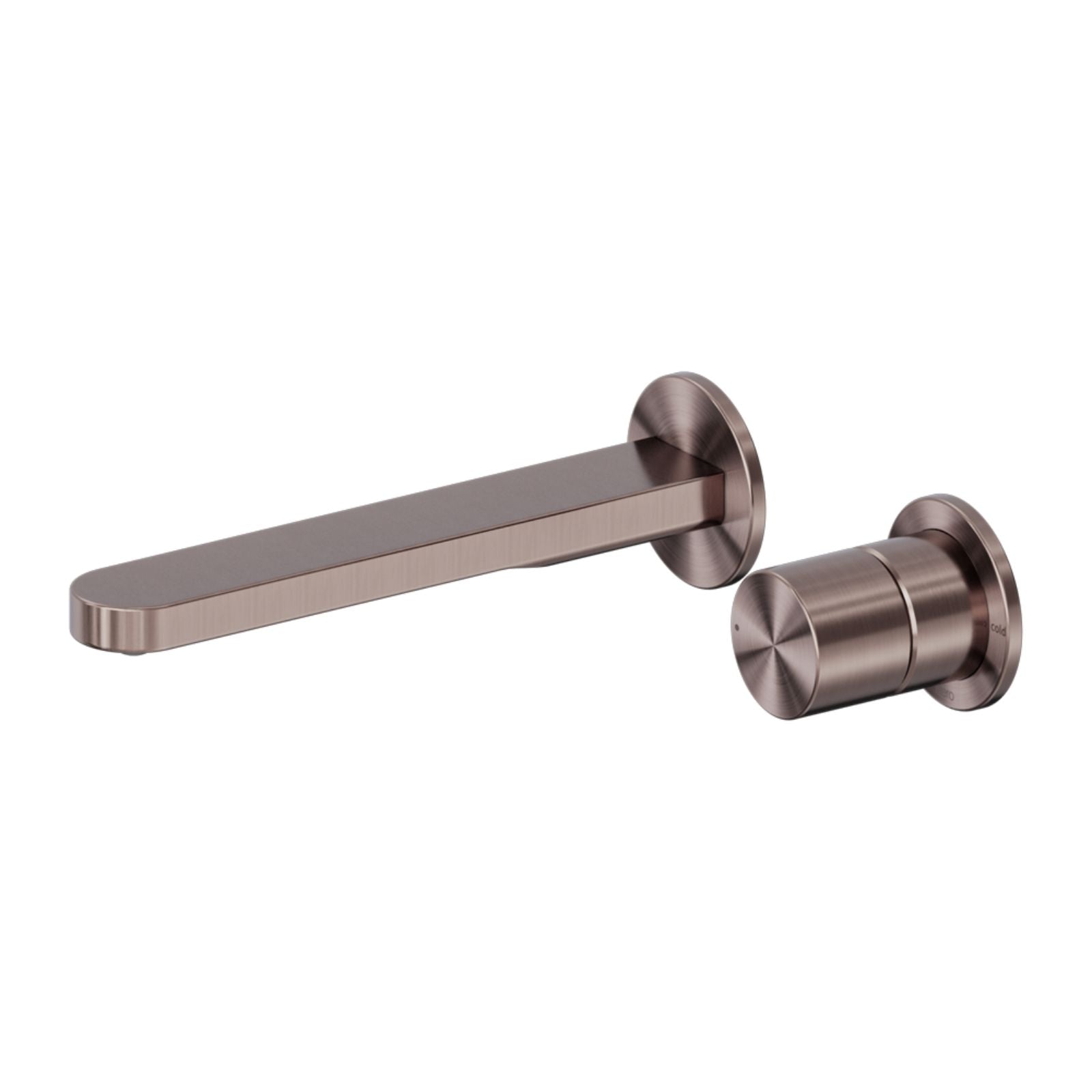 Nero Pure wall basin/bath mixer set in brushed bronze with round back plates and slim rectangular spout, front view