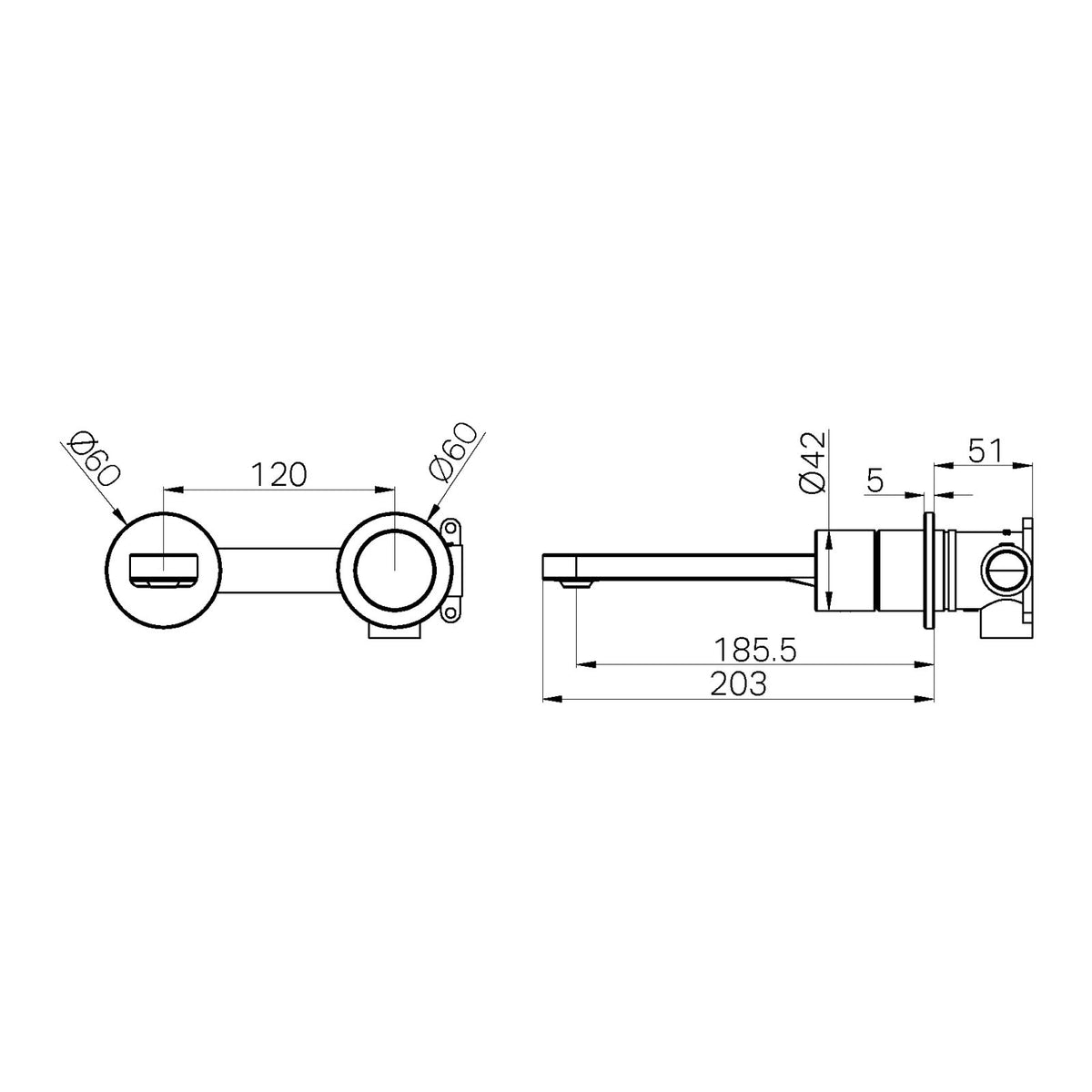 Nero Pure wall basin/bath mixer technical drawing with separate back plate, brushed bronze, showing dimensions and side view