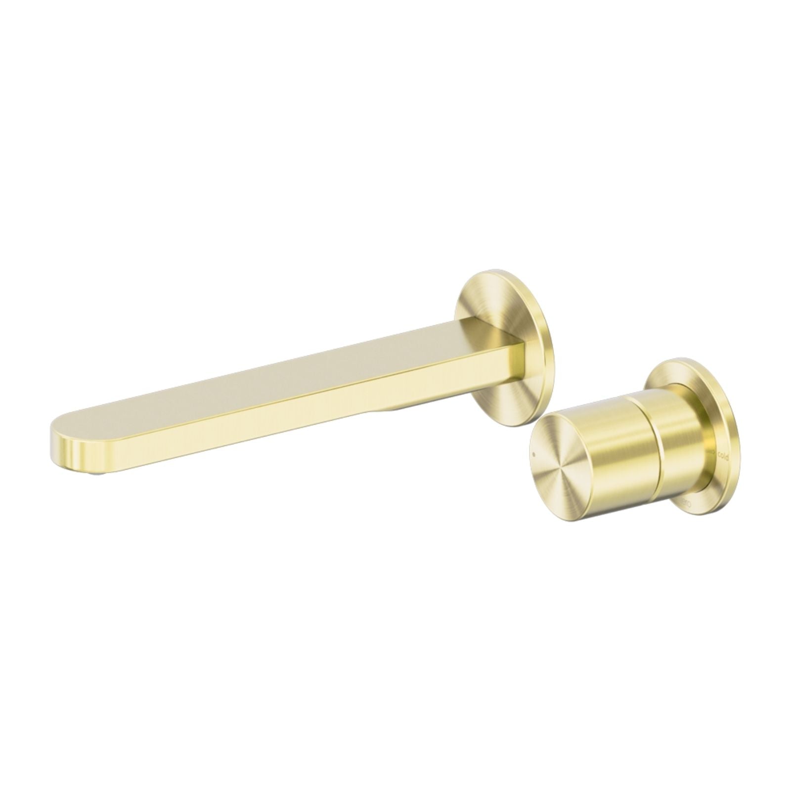 Nero Pure wall basin/bath mixer set in brushed gold with round back plates and slim spout, side view on white background