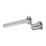 Nero Pure wall basin/bath mixer set in brushed nickel with round plate and square spout, stainless steel finish