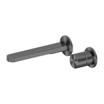 Nero Pure wall basin/bath mixer set in graphite, with round back plate and slim spout, shown on white background