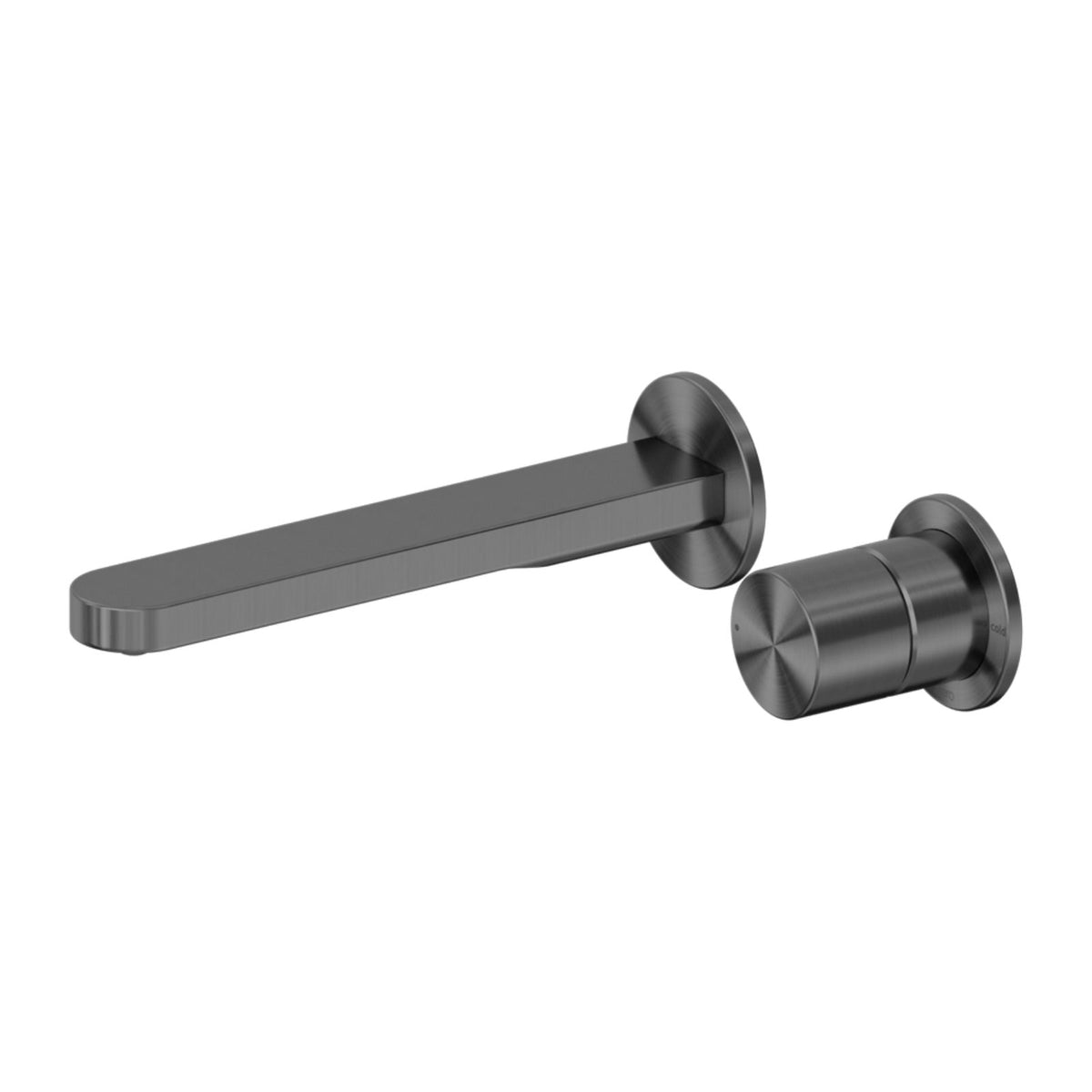 Nero Pure wall basin/bath mixer set in graphite, with round back plate and slim spout, shown on white background