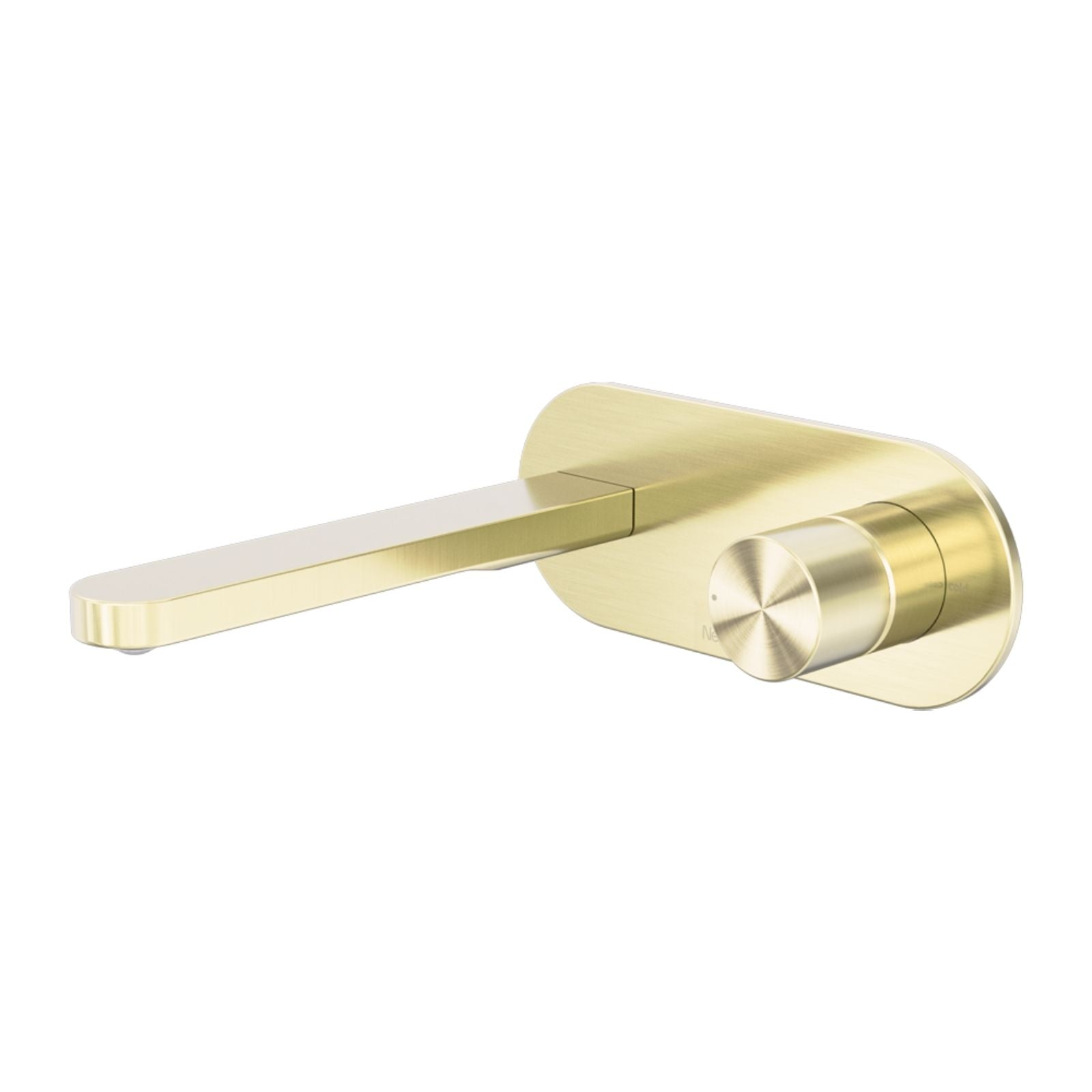 Nero Pure wall basin/bath mixer set in brushed gold, with slim lever and round wall plate