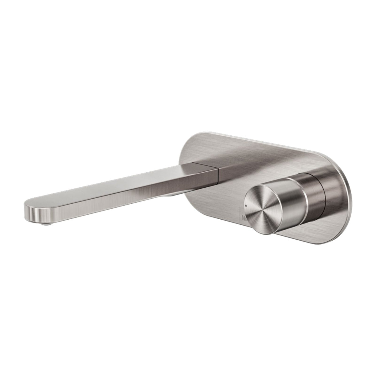 Nero Pure wall-mounted mixer set in brushed nickel, with long spout and round trim plate on a white background
