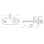 Technical drawing of Nero Pure wall basin/bath mixer, showing brushed nickel backplate and dimensions 200mm, 120mm, 203mm and 185.5mm