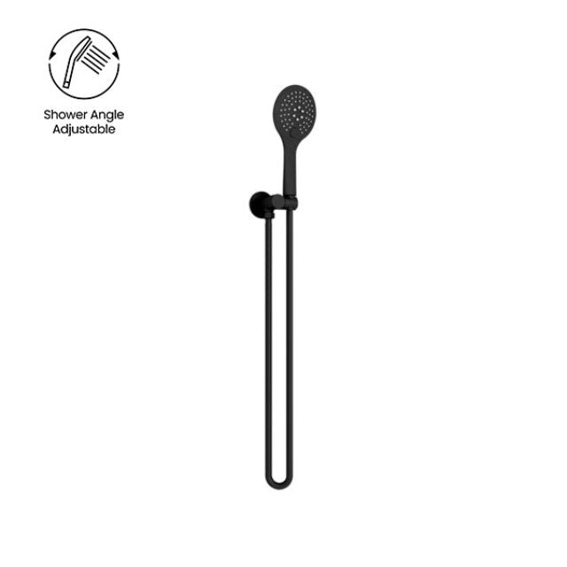 Nero Rain 3 function hand shower on bracket, matte black, with adjustable angle and hose on white background
