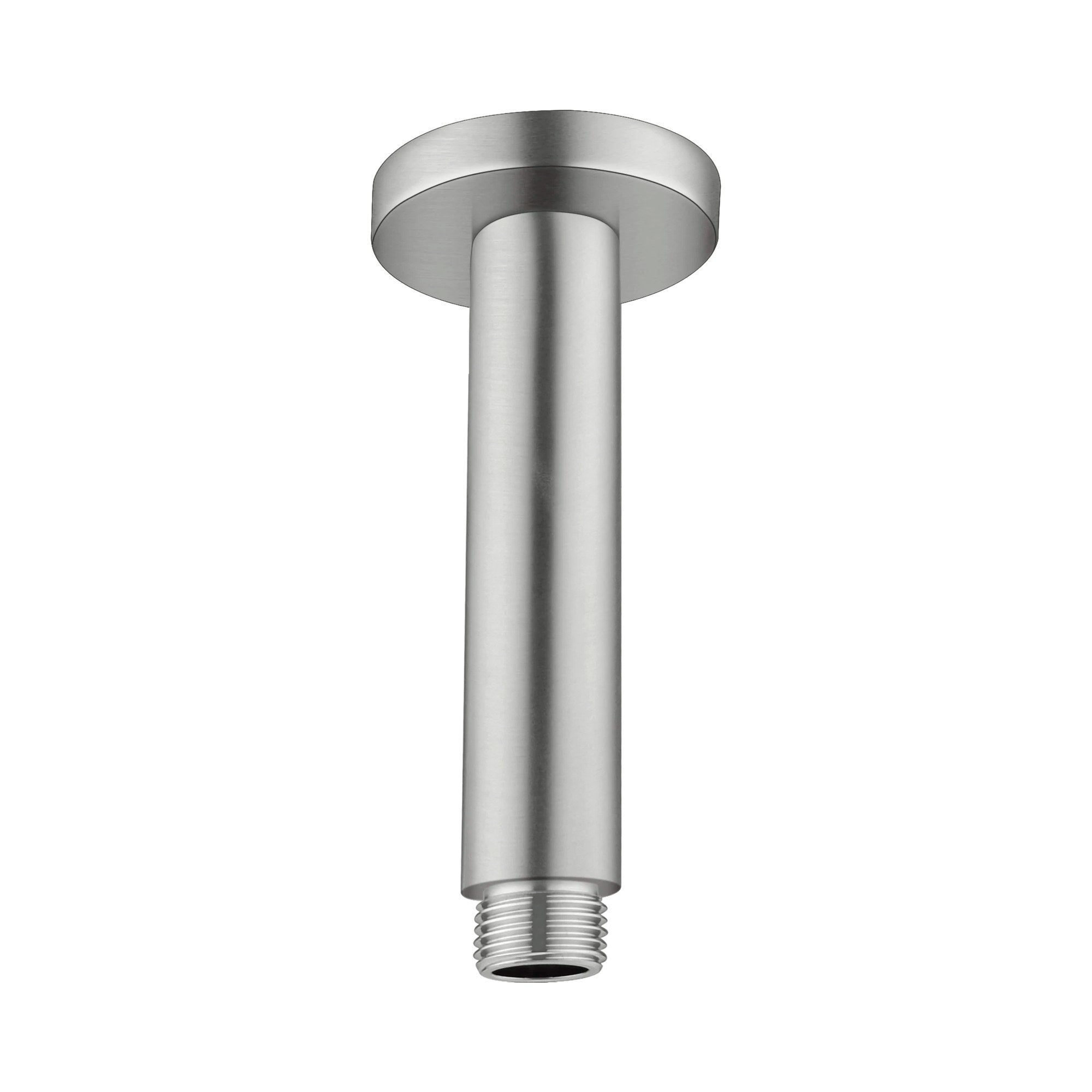 Nero round ceiling shower arm in brushed nickel, 100mm long, with circular ceiling plate and threaded end on white background