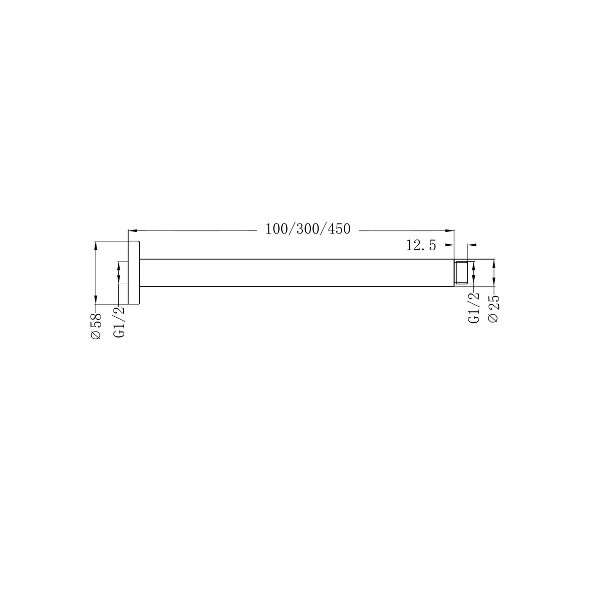 Technical drawing of Nero round ceiling shower arm in chrome, 100mm length, with 58mm plate and G1/2 threads