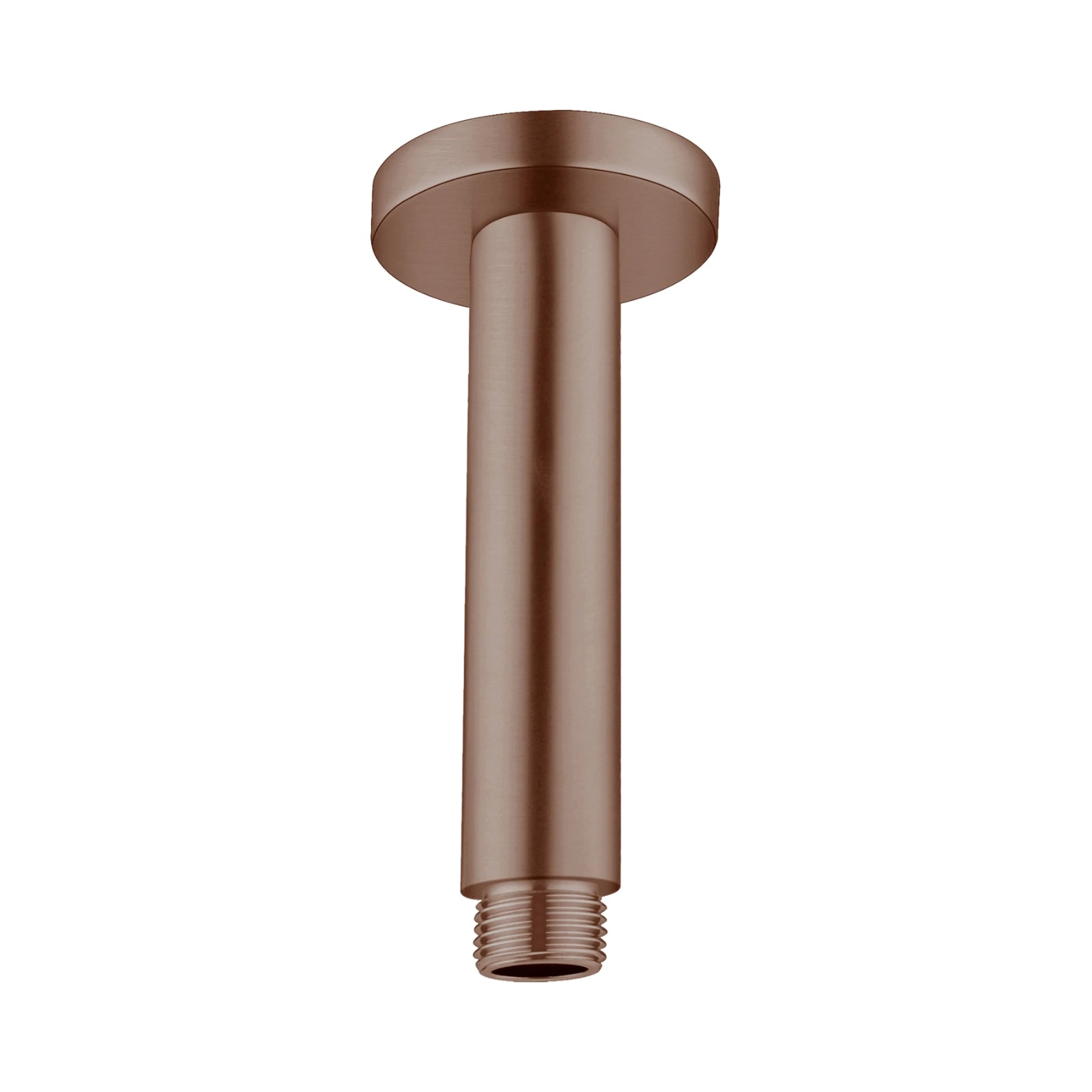 Nero round ceiling shower arm in brushed bronze, 150mm long, with threaded end on white background