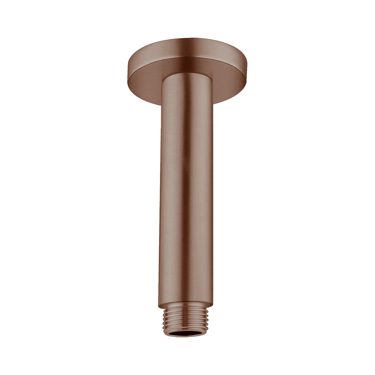 Nero round ceiling shower arm in brushed bronze, 150mm long, with threaded end on white background