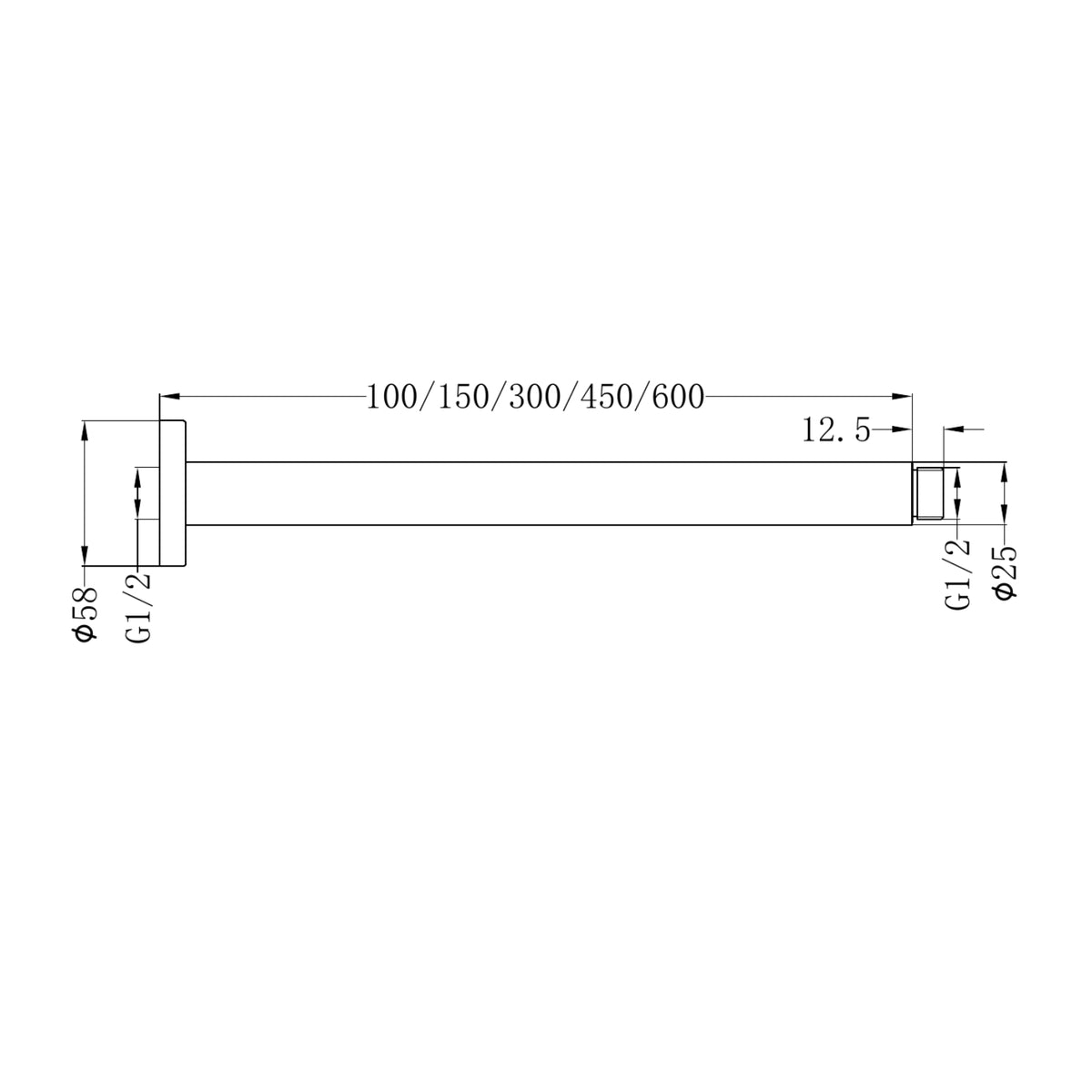 Technical drawing of Nero round ceiling shower arm, 150mm length, with G1/2 threads and dimensions