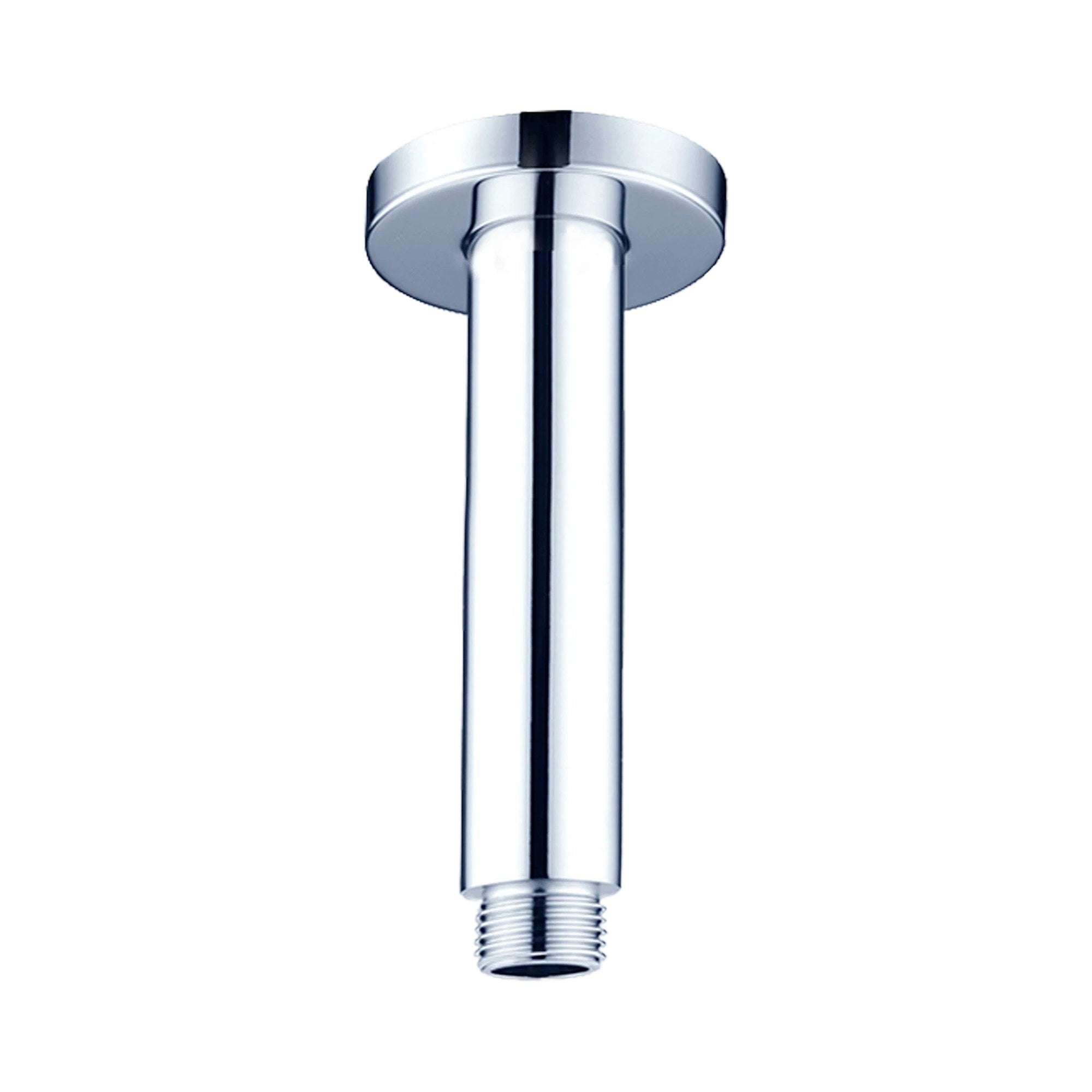 Nero round chrome ceiling shower arm with plate, 150mm length, shown front on white background
