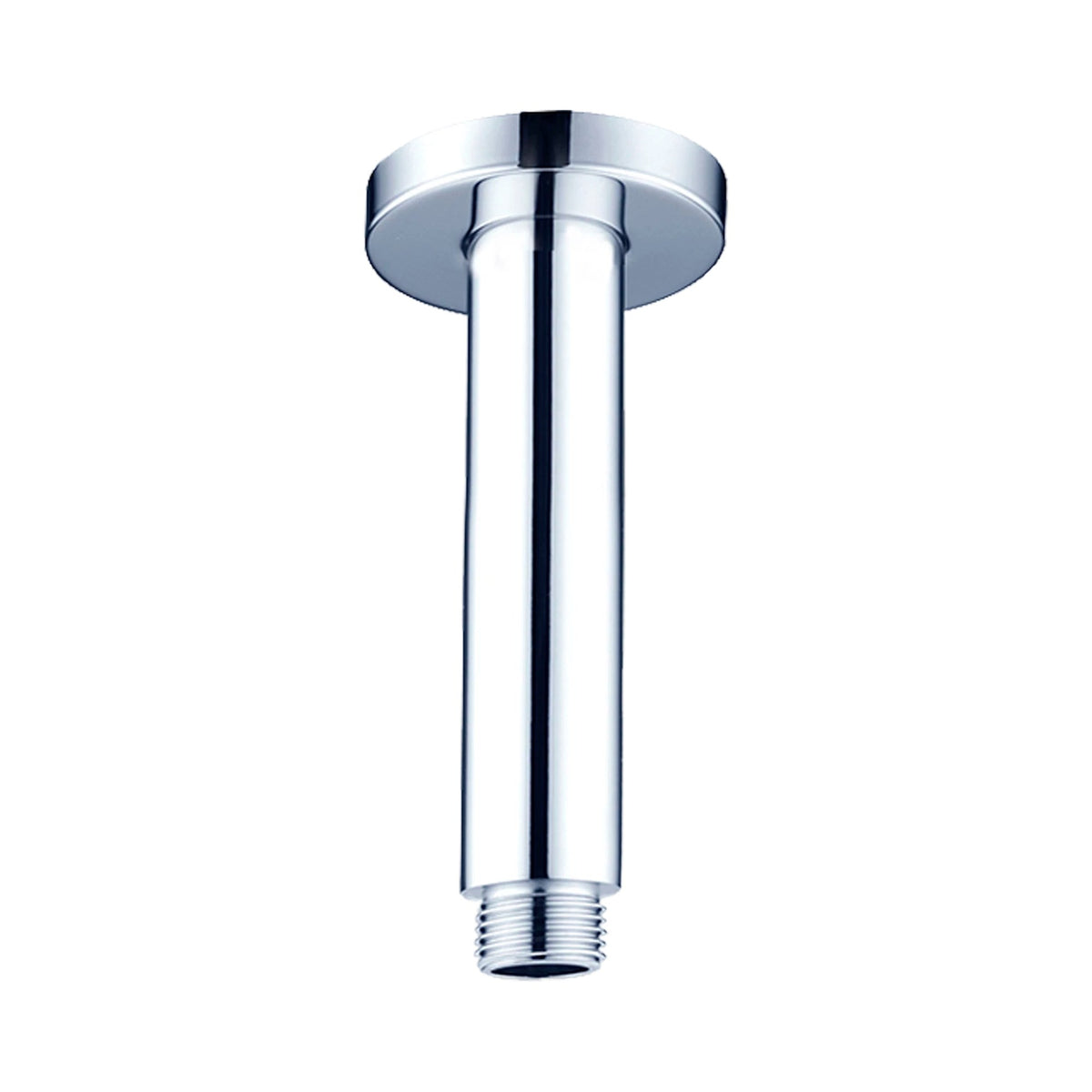 Nero round chrome ceiling shower arm with plate, 150mm length, shown front on white background