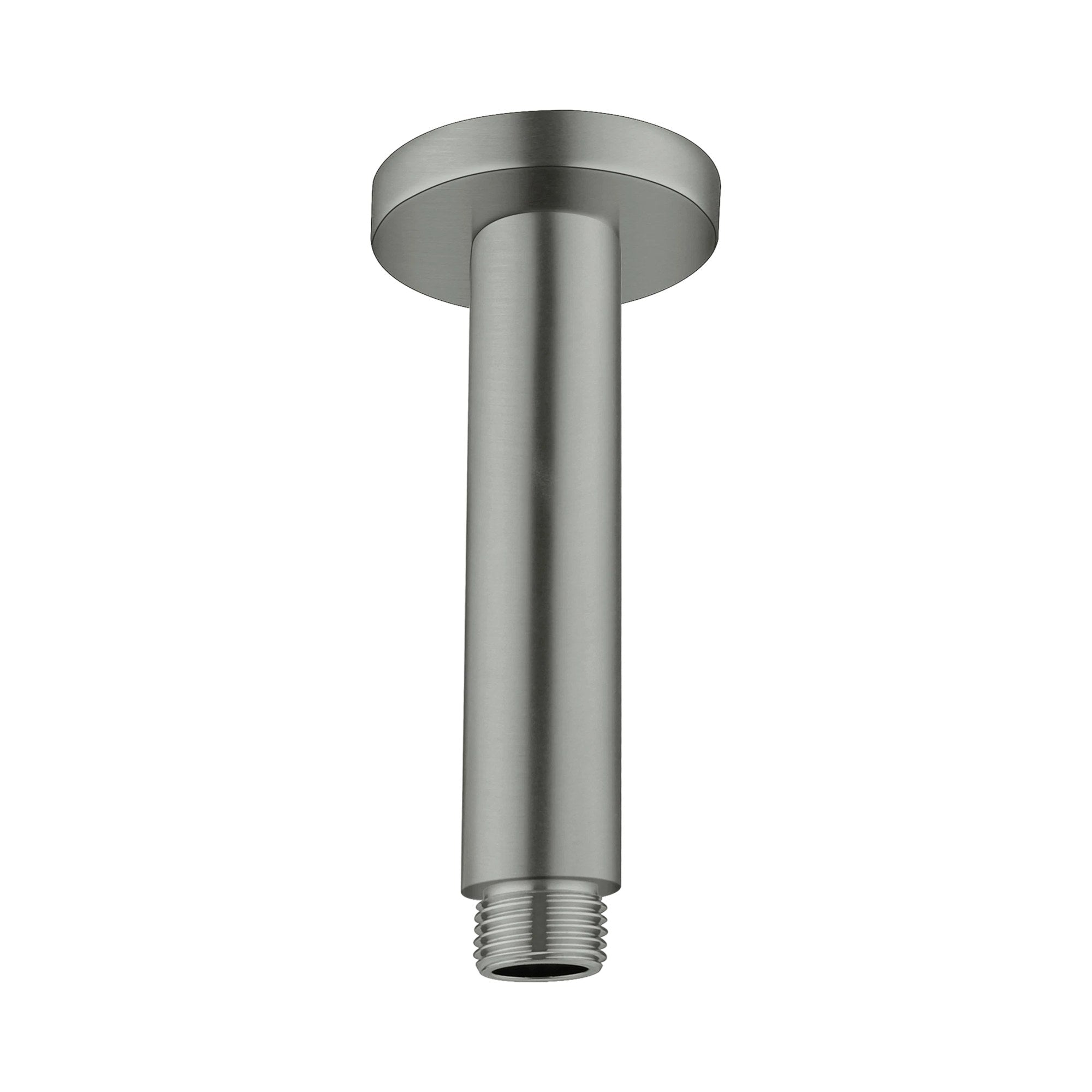 Nero Round ceiling shower arm 150mm in graphite finish, brass, with round ceiling plate and threaded end on white background