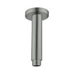 Nero Round ceiling shower arm 150mm in graphite finish, brass, with round ceiling plate and threaded end on white background