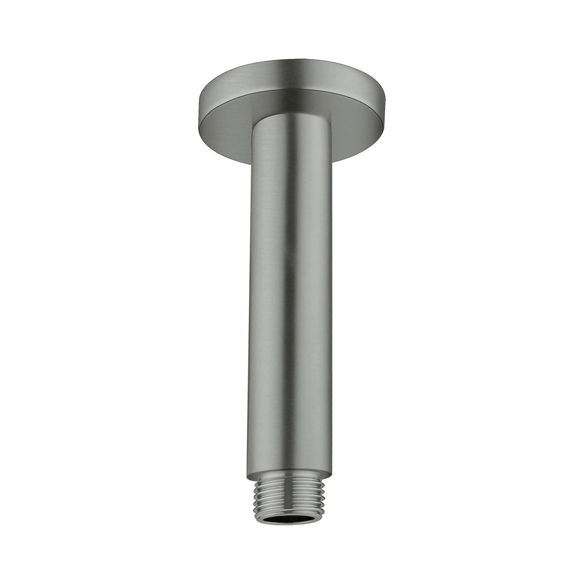 Nero Round ceiling shower arm 150mm in graphite finish, brass, with round ceiling plate and threaded end on white background