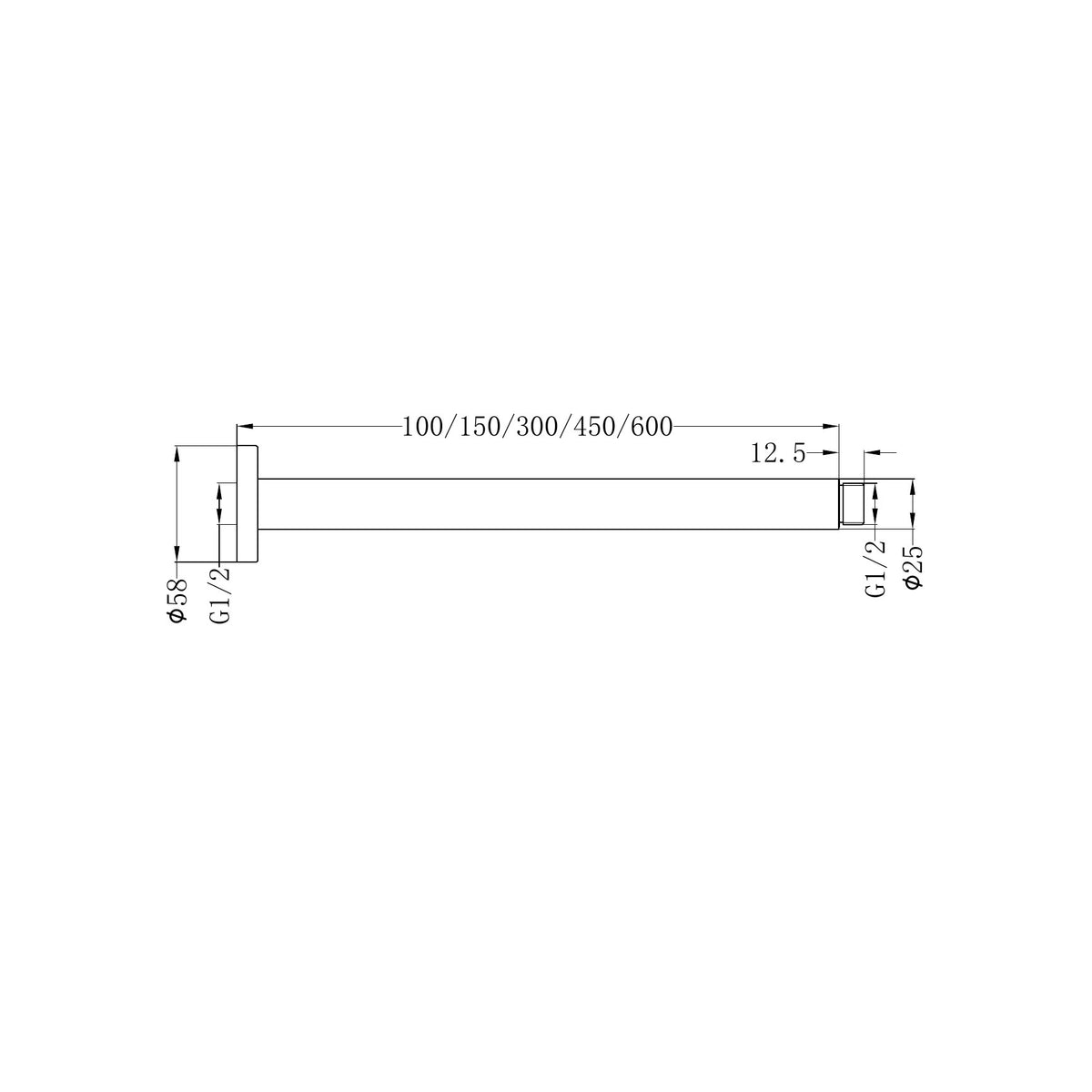 Technical drawing of Nero Round Ceiling Arm in chrome, showing 450mm length, ceiling plate and G1/2 connections