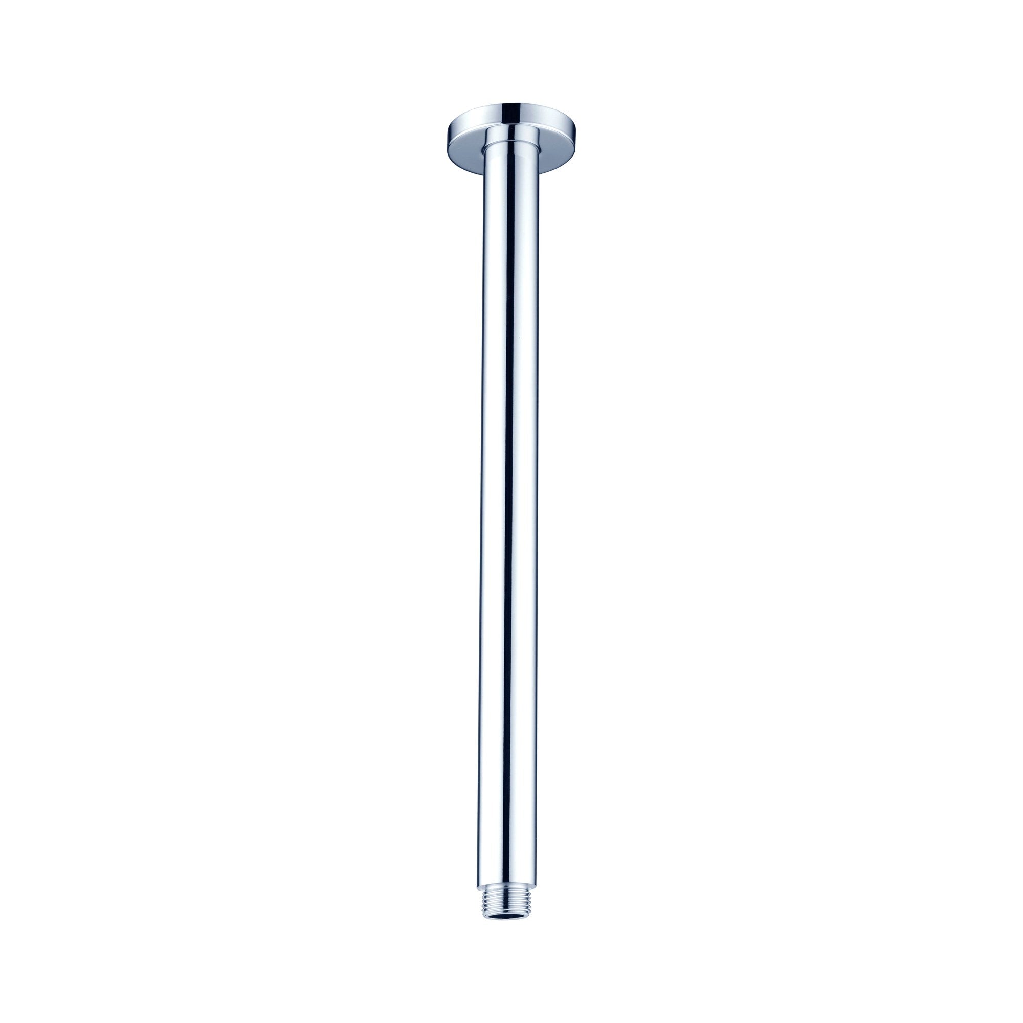 Nero round ceiling shower arm in chrome, 450mm long, with ceiling plate and threaded end on white background